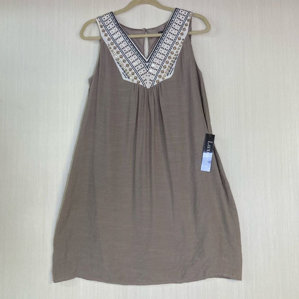 Luxology‎ Women's Dress Sz S Tan Khaki Beaded Neck Lightweight Mini